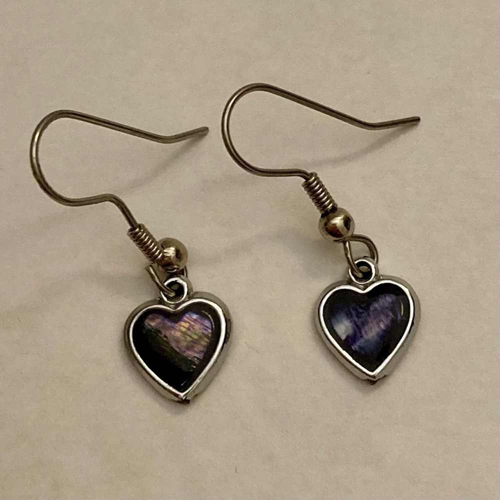 90s Vintage Multicolor Abalone Shell Heart Sterling Silver Dangle Earrings